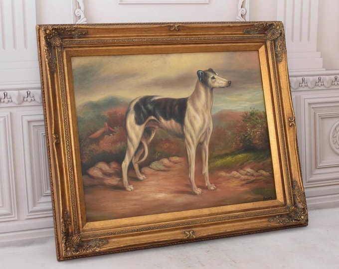 Vintage Painting on Canvas - Nice Greyhound - Wall Decor Dog - Unique Frame - Greyhound Dog Art - Home, Office Decor - Gift Idea