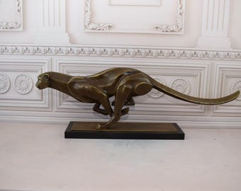 Large 35" Running Cougar Bronze Sculpture - Art Deco Marble Base