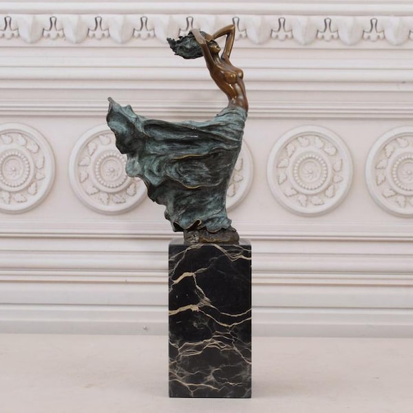 Art Deco Bronze Woman Figurine - Marble Base, Signed