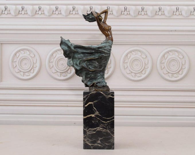 Woman in Blue Dress - Bronze Figurine on Marble Base - Act Bronze Statue - Foundry Mark - Gift Idea - Home Decor