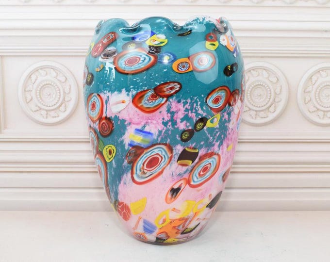 Unique Orange Vase Murano Style Glass - Handcrafted Flower Pot - Vase with Peacocks Eyes Design - Gift Idea - Italian Glass - Home Decor