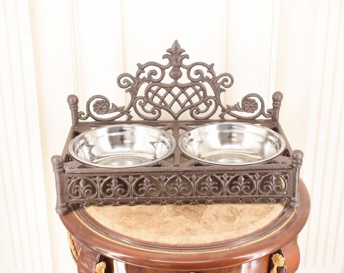 Vintage Cast Iron Dog Bowl Stand - Double Pet Feeding Bowls