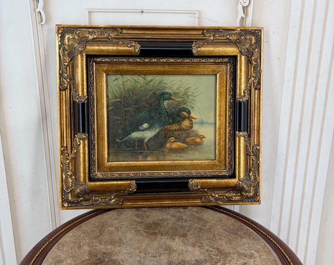 French Art: Vintage Oil Painting of Duck Family on Wood