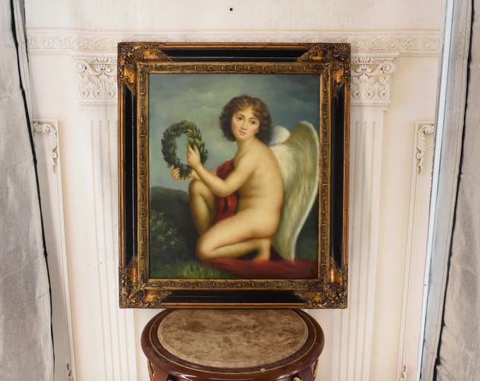 Vintage Winged Cupid Oil Painting | Cherub with Bow, French Estate Art