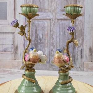 Pair Porcelain Candlesticks Bronze Ornaments Birds on a Branch Home Decor Unique Gift for Wedding Antique Candleholders image 8