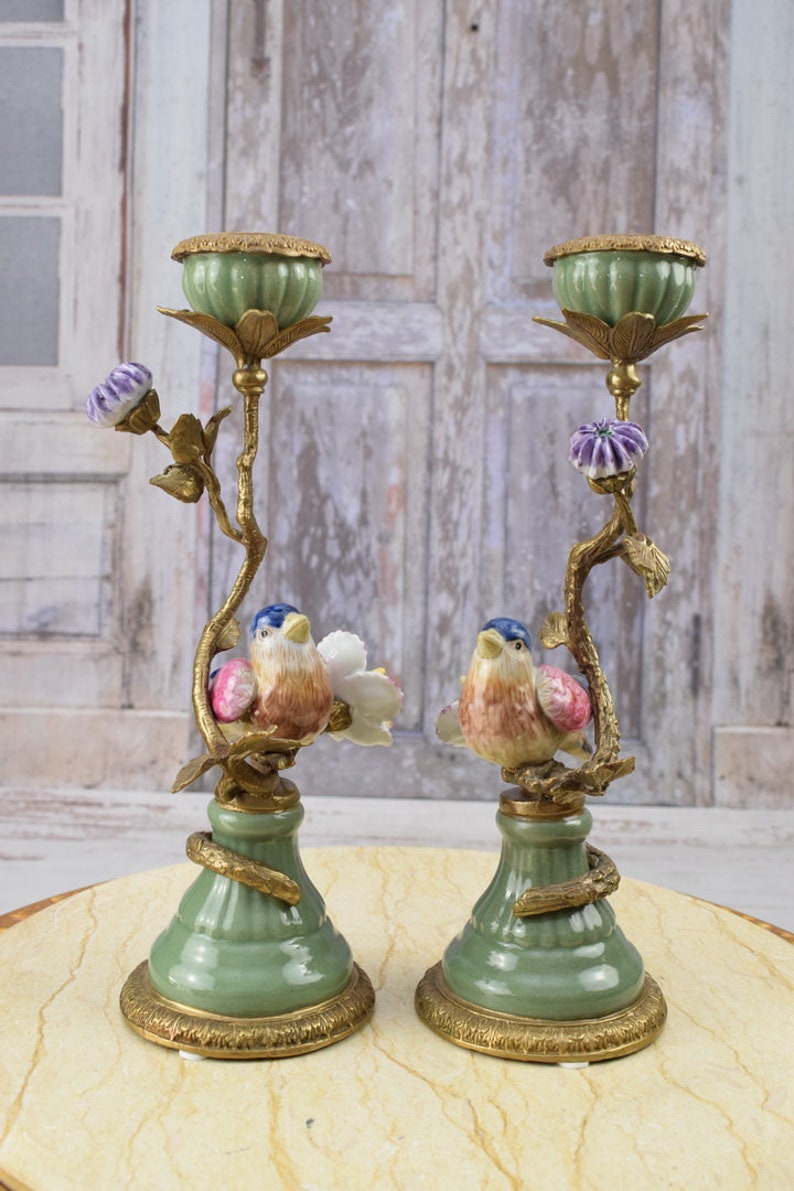 Pair Porcelain Candlesticks Bronze Ornaments Birds on a Branch Home Decor Unique Gift for Wedding Antique Candleholders image 8