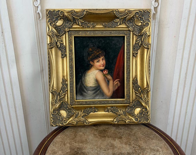 Vintage Girl with Flower Painting - Romantic Young Lady Portrait - Ornate Gold Frame - Elegant Wall Art