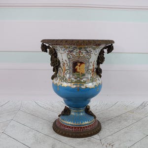 Large Blue Porcelain Flower Pot: Bronze Ornament Vase, Gilded Flowers
