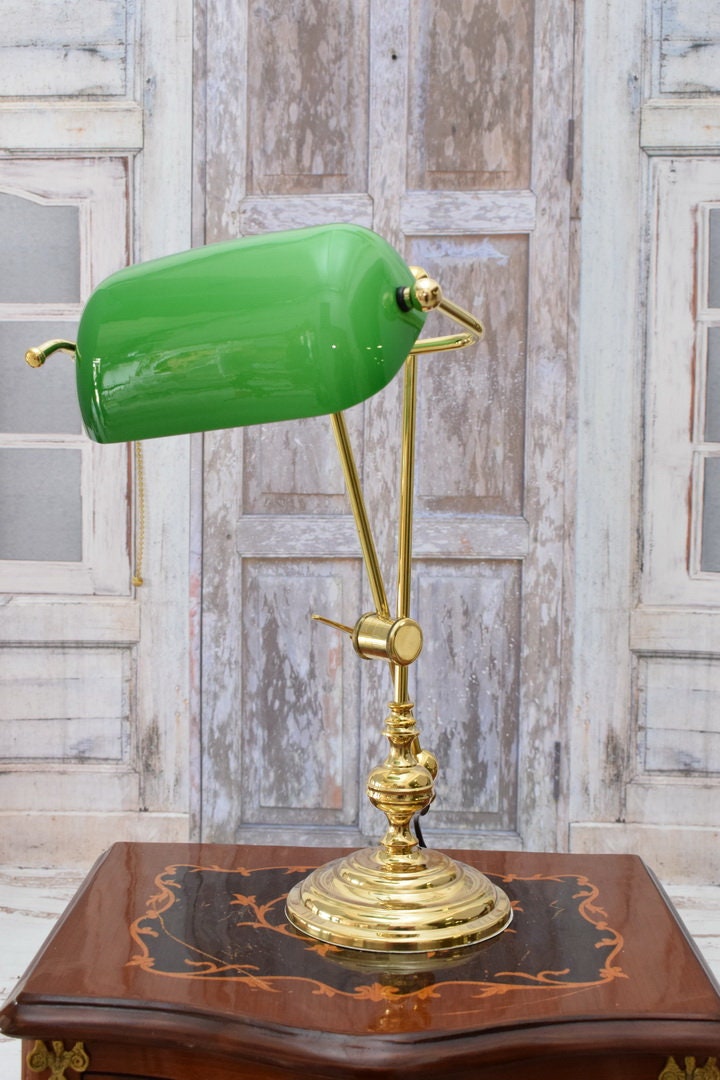 Bankers Polished Brass and Gloss Green Desk Lamp - Zest Lighting