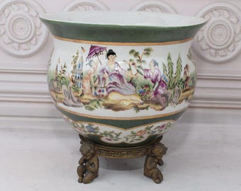 Målad porslinsvas: Japansk scen, blomkruka i jugendstil