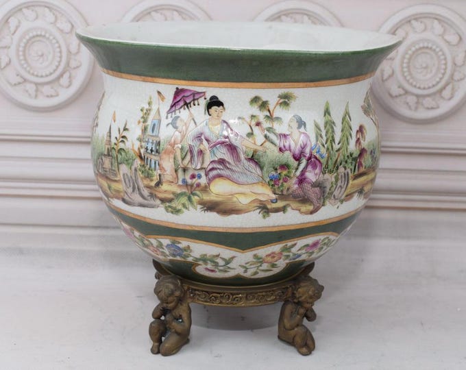 Painted Porcelain Vase Japanese Scene - Unique Design - Flowers Ornaments Art Nouveau Style - Porcelain Flower Pot - Home and Garden Decor