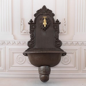 Brown Rustical Cast Iron Wall Fountain with Brass Faucet Tap - Head Lion Design - Patio &  Wall Ornament Outdoor