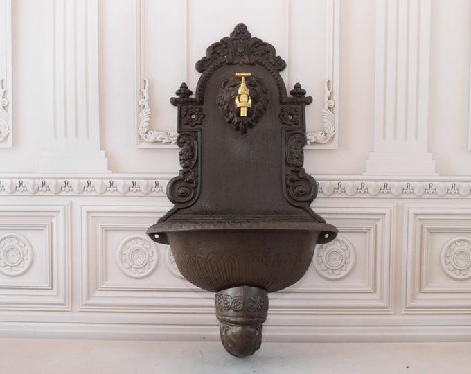 Brown Rustical Cast Iron Wall Fountain with Brass Faucet Tap - Head Lion Design - Patio &  Wall Ornament Outdoor