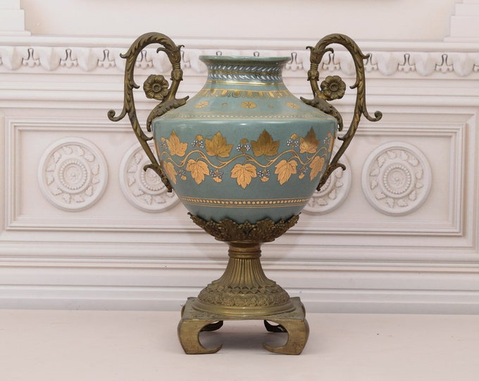 Amazing Green Porcelain Vase - Vintage Amphora with Bronze Ornaments - Goldene Porcelain - Regency Decor - Home Decor - Gift for Wedding