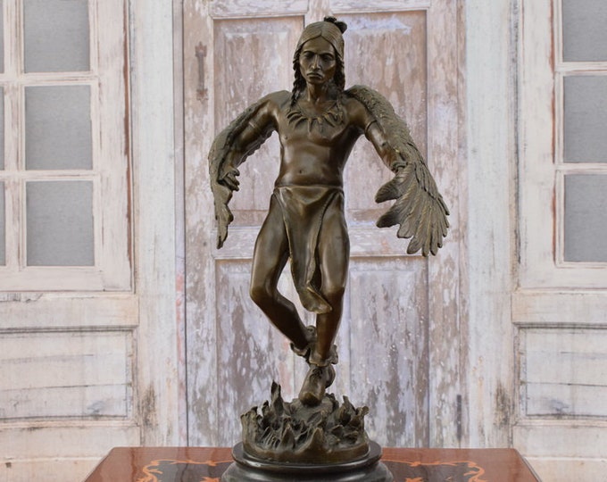 Vintage Bronze Indian Sculpture with Wings - Signed Figurine 48cm