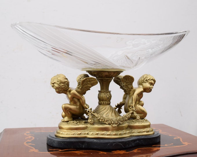 Crystal and Bronze Bowl- Plateau Crystal and Bronze Ornaments Angels - Angels Bronze Staute - Luxury Gift for Wedding - Amazing Crystal Gift