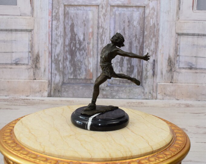 Miguel Lopez Bronze Sculpture - Olympic Runner - Man Athletic Figure on Marble Base - Foundry Mark - Gift Idea - Home Decor
