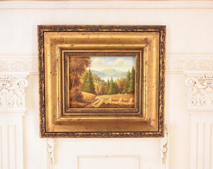 Vintage Polish Landscape Painting – Summer French Countryside, Golden Frame