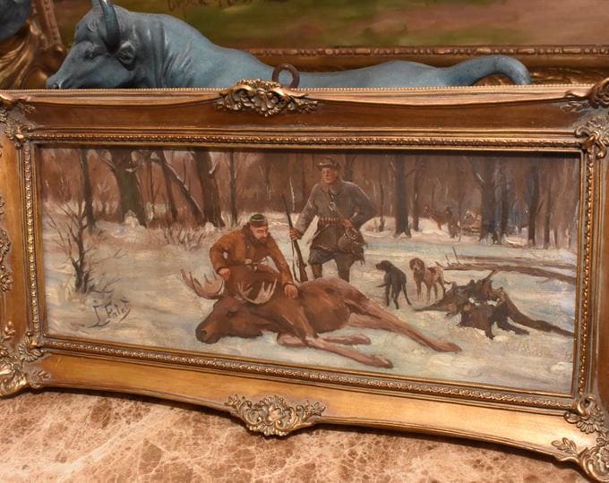 Antique Hunting Painting | Winter Landscape with Hunter | Falat Oil on Wood in Gilded Frame | Gift for Hunter