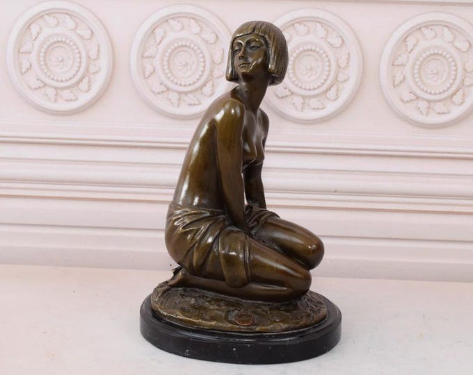 Kneeling Woman Bronze Statue - Act Woman Figure on Marble Base -  Vintage Gift Idea - Gift for Wedding - Home Decor