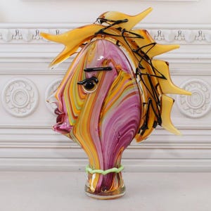 Amazing Statue Woman Head - Vintage Murano Style Glass - Pink and Orange Face Murano Style - Colorful Figurine - Home Decor Gift