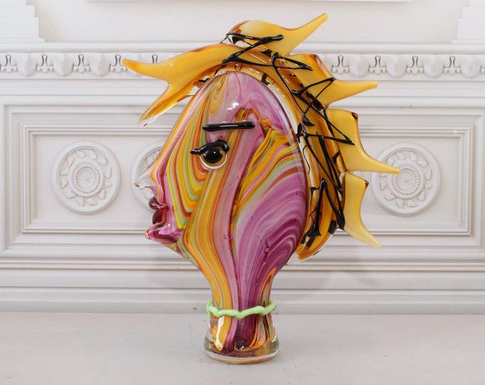Amazing Statue Woman Head - Vintage Murano Style Glass - Pink and Orange Face Murano Style - Colorful Figurine - Home Decor Gift