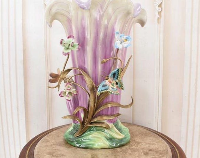 Vintage Purple & Green Porcelain Flower Vase with Bronze Mounts – Butterflyand Floral Motifs