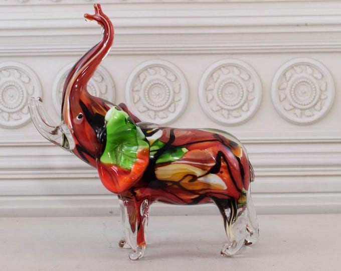 Unique Red Elephant Murano Glass - Handcrafted Murano Style - Murano Statue - Elephant with Trunk Up - Italian Glass - Home Decor Gift Idea