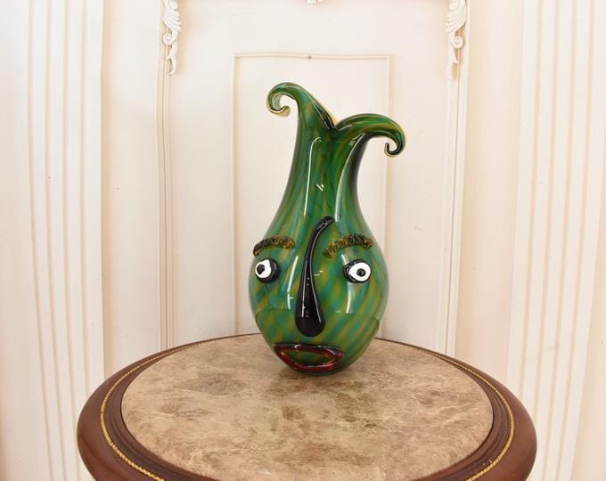 Murano Style Green Face Vase – Venetian Art Glass Sculpture