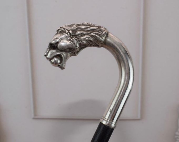 Silver Walking Stick Head Lion - Tsar Silver - Antique Cane and Black Wooden - Sterling Silver 84 - Gift Idea for Birthday
