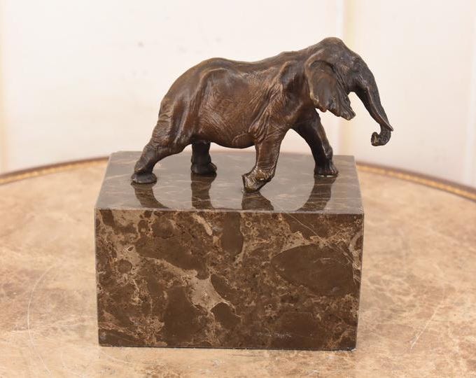 Bronze Elephant Statue: Oriental Africa Animal Sculpture on Marble Base