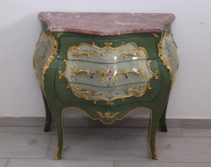 French Commode Louis XVI – Hand-Painted Floral Chest with Marble Top, Vintage Furniture – Elegant Home Decor – Gift Idea