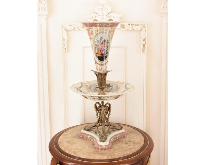 Vintage 3 Tier Porcelain Vase Fruit Bowl with Bronze Mounts Unique Centerpiece