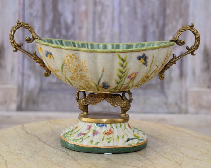 Porcelain Bowl with Bronze - Bronze Swans - Plateau Porcelain and Design Swans - Art Nouveau Style - Elegant Gift Idea for Wedding