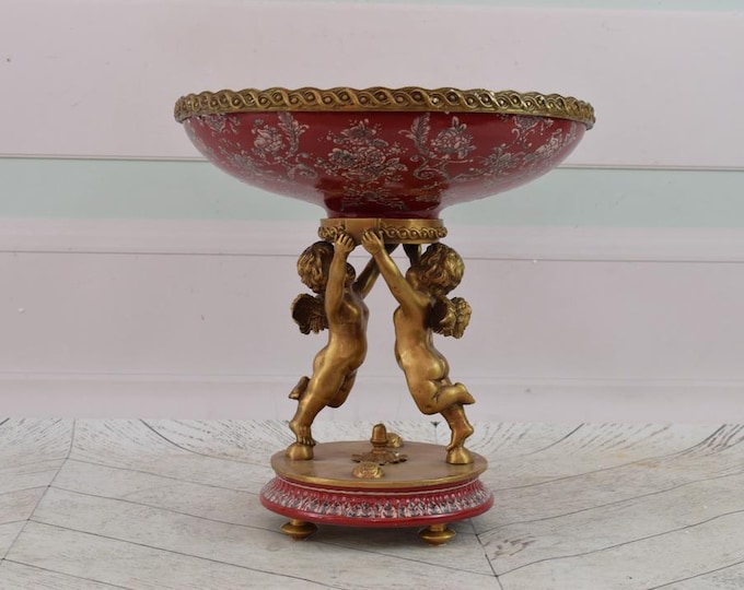 Large Red Plateau Porcelain - 2 Swans Bronze - Art Nouveau Porcelain with Bronze Ornaments  Vintage Gift - Home Decor - Flowers Design