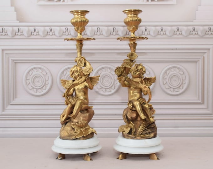 Pair Set Candlesticks Granite and Bronze - Angel Candlestick - Candleholders Bronze Angels - Emire Gift - Vintage Home Decor