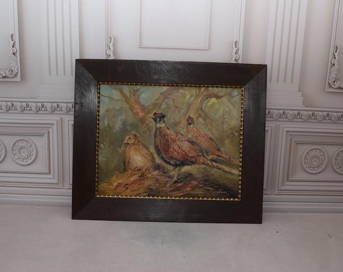 Antique Painting Oil on Canvas Landscape Pheasants - Family Pheasants - Falat Handmade Painting - Polish Landscape - Wall Home Decor