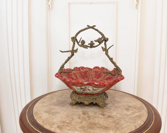 Red Plateau Porcelain – Bronze Birds – Art Nouveau Porcelain with Bronze Ornaments – Vintage Gift – Home Decor – Floral Design