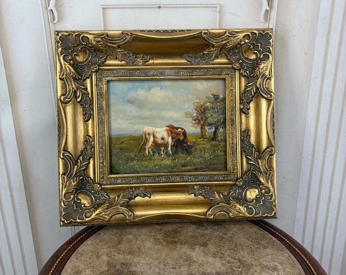 Vintage Pastoral Painting - Cows in Countryside - Ornate Gold and Black Frame - Rustic Wall Art