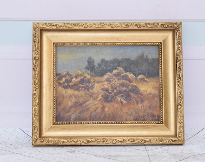 Vintage Polish Landscape Painting by Rapacki | Haymaking Scene | Antique Wall Art in Golden Frame | Rustic European Countryside Decor
