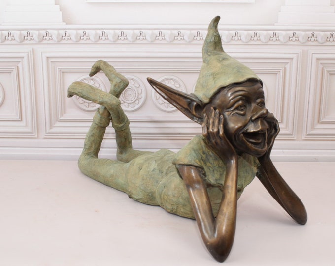 Large Funny Lying Gnome Bronze Statue - Garden Pixie Bronze Sculpture - Home and Garden Decor - Gift for Housewarming, Birthday, Wedding