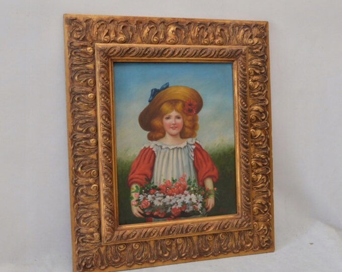 XL Girl with Flowers Painting in Golden Frame Oil on Canvas French Art Gift Wall Decor Vintage