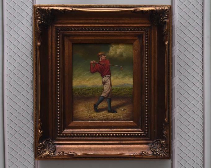Man Golfer French Aristocrat - Golf Painting - Gold Frame - Oil on Wood - French Art - Wall Decor - Gift for Birthday Wedding, Housewarming