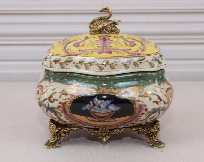 Porcelain Box with Swan Bronze Ornaments - Swan Sculpture - Kitchen Decor - Exclusive Casket - Home Decor - Unique Gift Idea for Birthday