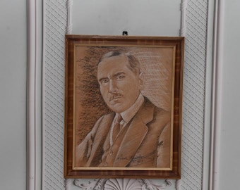 Antique Roman Dmowski Portrait: 1930 Polish Pastel Painting
