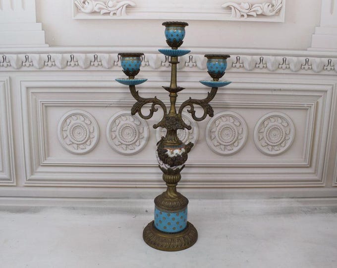 Large Porcelain and Bronze Candlestick, Candelabrum Floral Design,  Candlestick Stand, Gift Idea, Home Decor, Porcelain Gift