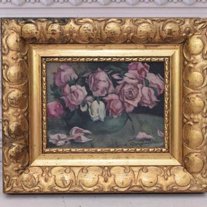Antique Painting - Flowers Painting in Golden Frame - Oil on Wood - Polish Art - Flower Wall Art Decor - Home Decor - Gift for Birthday