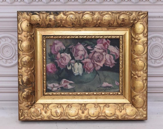 Antique Painting - Flowers Painting in Golden Frame - Oil on Wood - Polish Art - Flower Wall Art Decor - Home Decor - Gift for Birthday