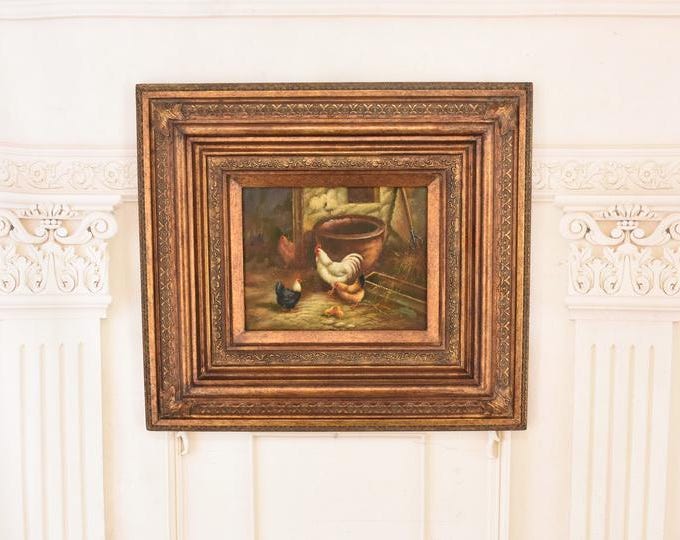 Vintage Rooster and Hen Painting – Golden Frame Farmhouse Wall Decor