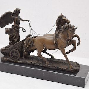 Bronze Figure of Roman Warrior with Chariot - Roman Mythology Statue - Bronze Sculpture on Marble Base -
